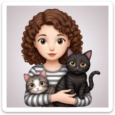 Girl with curly hair holding three cats, one black cat, one grey cat, and one grey-striped cat sticker