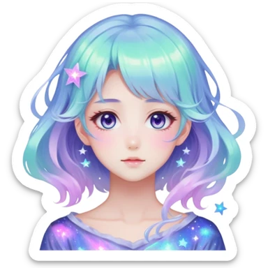 Beautiful gorgeous anime lady with beautiful iridescent-nebula-hair, fashion aesthetic, ethereal, fairycore, pastelcore sticker