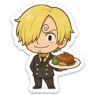 chibi style Sanji from One Piece, big head, small body, curly eyebrow, blond hair, black suit, holding a plate of food sticker