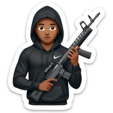 
Fais moi un jeune afro américain qui ressemble a un gangster qui tient une AR15 avec un hoodie a capuche, capuché, avec la cagoule nike therma fit hood sticker