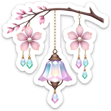 Hanging Iridescent pastel pink sakura crystals white-pearly suncatcher with bell LAMP sticker