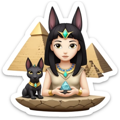 Kindly alien Protecting silky black-haired tiny statuette scale Anubis and pyramid scenery stone-age cracked irregular  bonsai pot  sticker