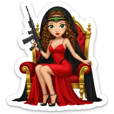 Drug dealer female green eyes symbol.  hair is brown curly long hair. sexy long with long red and black dress and mouth veil cover on that covers her mouth and neck only. black stiletto platform high heels shoes on. Holding sniper rifle sitting on a gold throne. sticker