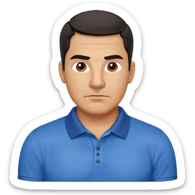 Strong built middle-aged Hispanic man with tan complexion, square masculine face with defined jawline, short black hair with clean fade cut, medium dark brown eyes, thick eyebrows, wide nose, neutral expression, wearing blue polo shirt sticker