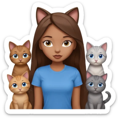 a pretty bratz dusky girl with long brown hair, blue eyes with six cats nd wearing a grey tshirt sticker