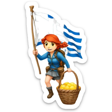 red hair female winter mountaineer climbing Easter basket and Greek flag sticker