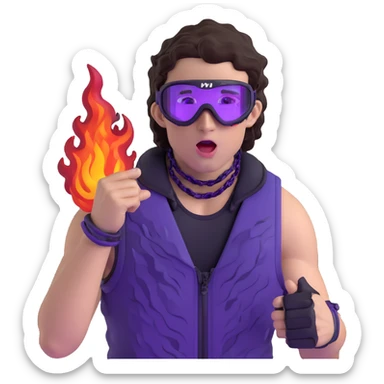 close-up of bad guy male athlete with white skin and moderately curly dark brown hair on top with shaved sides, wearing ski goggles with purple frames and very dark black lenses, a simple plain black chain necklace, and a completely unzipped sleeveless vest with purple and black sequin fire pattern design with no logo, pulling his tongue out very far in an exaggerated mocking gesture, looking menacing and villainous sticker