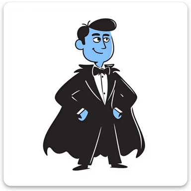 megamind character, blue-skinned supervillain with a large head, wearing a black cape and suit, confident expression, hand-drawn doodle style sticker