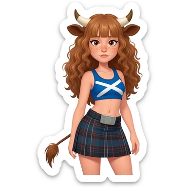 buff curly woman with frecles with light brown messy hair with straight bangs covering her eyes with brown cow tail with fat thights with cow horns and cow brown ears with big butt in a short scottish kilt with extra large breasts dressed in crop top with scottish flag sticker