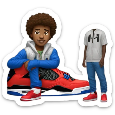 Boy waring spider man jacket and waring white jordan 4 sticker