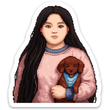 Make the woman's hair much darker and longer, reaching waist length, and increase her weight for a fuller figure, in pixel art style, with no background. sticker