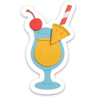 pina colada glass with a cherry, pineapple wedge, and paper straw, vibrant colors in paper-craft style sticker