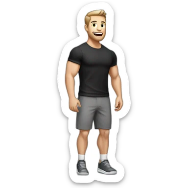 amazed Open with surprise mouth Pale skinned Fit Man With the biceps and dark brown hair in black shirt, gray sports shorts and white Sneakers sticker