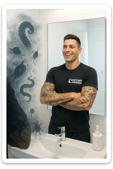 a man stands in a brightly lit bathroom, looking relieved and revitalized as he examines his reflection in the mirror. In the foreground, stylized, shadowy images of parasites (such as worms or protozoa) are shown leaving his body, dissolving into mist or fading away. His posture is upright and his expression is one of newfound energy and health. sticker