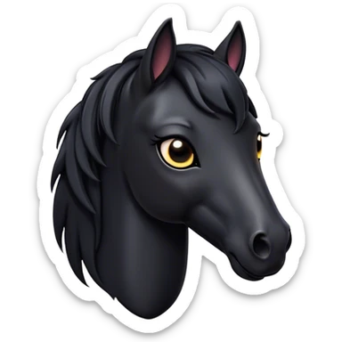 Cinematic Cute Black Horse Portrait Emoji, Head tilted playfully and inquisitively, showcasing a glossy black fur with a striking sheen and expressive dark eyes filled with curiosity, Simplified yet irresistibly adorable features, highly detailed, glowing with a warm, friendly glow, high shine, affectionate and spirited, stylized with a touch of whimsy, bright and endearing, soft glowing outline, capturing the essence of a mischievous yet loving horse, so playful it feels like it could trot out of the screen and into your arms! sticker
