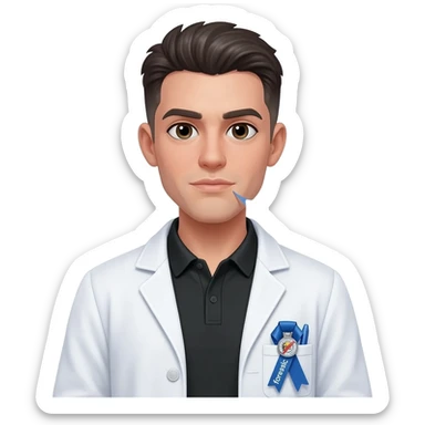 Hacer un emoji con bata, que se alcance a ver una bolígrafo azul en la bata, una polo color negro y un gafete en el pecho con un listón azul que diga forense, la cara que sea androgena un poco femenina, cabello corto peinado, que de su boca salga un globo de hablar que diga 53 sticker