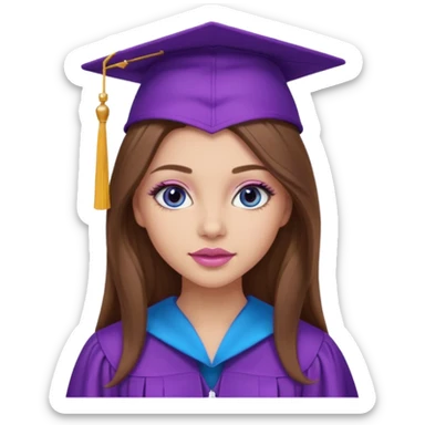 girl with gorgeous long brown hair, blue eyes, long lashes makeup, sexy pink lips, wearing a purple graduation cap and gown sticker
