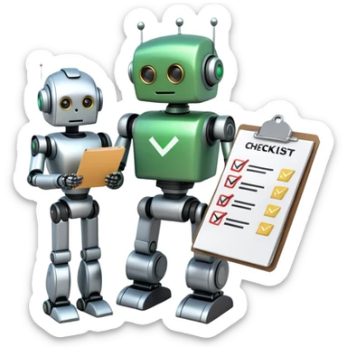robot checking another robot's work with a checklist and a green checkbox sticker