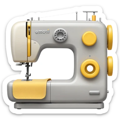 Emoji of a modern sewing machine inspired by a Brother machine. Soft, rounded shapes in the style of Apple emojis, with subtle gradients and soft shadows. White body with light gray details, a yellow spool on top sticker