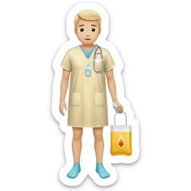 Man, mid 60, with a urine condom and leg bag sticker