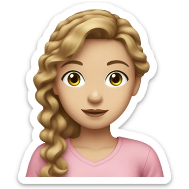 girl with wavy light brown hair, pale to tan skin and green eyes full lips. pink top showing peace sign sticker