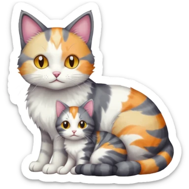 full body dark grey and white cat cuddling a colourful light patched calico + white tabby cat  sticker