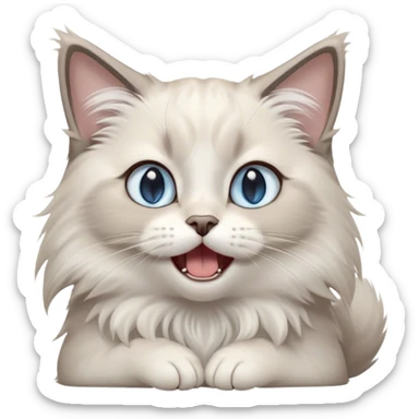 Cinematic Adorable Fluffy Light Grey Mantle Ragdoll Cat Portrait Emoji, Head tilted cutely with big, sparkling blue eyes, soft light grey fur with darker points on the ears, face, and paws, Simplified yet irresistibly adorable features, highly detailed, glowing with a soft, warm glow, high shine, yawning in a peaceful and playful manner, stylized with a touch of whimsy, bright and endearing, soft glowing outline, capturing the essence of a relaxed and loving kitten, so cute it feels like it could leap out of the screen and stretch into a cozy nap! sticker