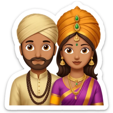 Brown colored South Indian Husband with wheatish colored South Indian wife where Husband does not wear a turban and wife wears a Silk Saree sticker