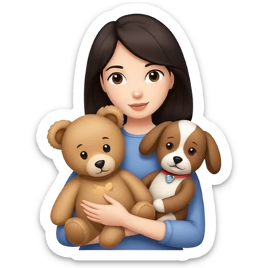 Woman with dark hair holding a teddy bear and pets sticker