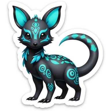 Rare futuristic bioluminescent iridescent neon glowingexotic cute epic aesthetic gothic colorful Salandit-Eevee-Trico-Civet-species-Fakemon-hybrid-creature, with intricate tattoo markings, full body sticker