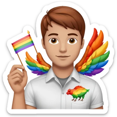 Guy with brown hair holding buffalo chicken wings and a gay pride flag sticker