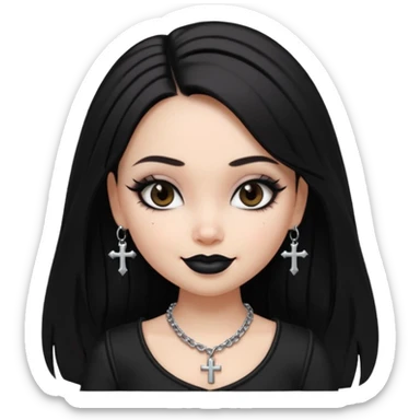 generate a pretty bratz girl in black goth top, black lipstick, black eyeliner, dark brown eyes. Dark brown hair straight long. wearing a silver cross necklace sticker