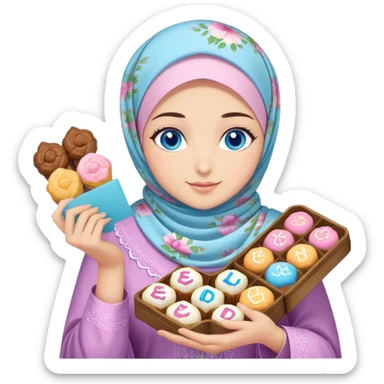 Turkish beautiful finish Konya girl blue eyes with pastel floral hijab islamic dress and had on her hand text Eid Mubarak with sweets and celebrating with her friends eid days   sticker