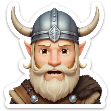 Clash of Clans aesthetic: Cinematic Comical Viking Portrait Emoji, Head tilted dramatically with an exaggerated, fun expression and wide, comically expressive eyes, featuring a rugged yet cartoonish build with a quirky Viking helmet with oversized horns and a playful beard, his face rendered in natural skin tone, Simplified yet hilariously expressive features, highly detailed, glowing with a slightly sassy, vibrant radiance, high shine, dramatic yet playful, stylized with an air of cheeky Nordic mischief, soft glowing outline, capturing the essence of a meme-worthy Viking bringing humor to epic adventures! sticker