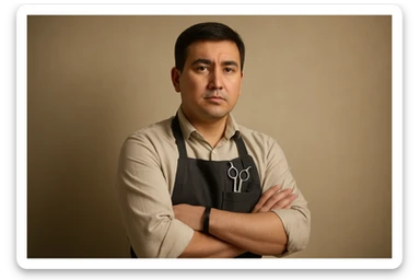 shu pozada turgan sartaroshni tuzib ber uzbek bo'lsin realistik janrda soch turmagi oddiy soqol shart emas sticker