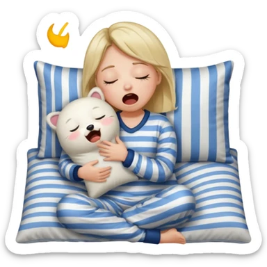 {
      "type": "human",
      "look": "girl in striped pyjamas, yawning, holding pillow",
      "description": "a sleepy girl in striped pyjamas yawning while holding a pillow"
    } sticker