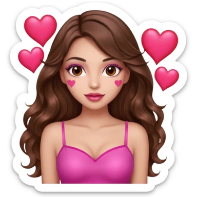 girl with long wavy brown hair, brown eyes, long lashes makeup, sexy pink lips, light to medium complexion, wearing a pink sexy top, many  hearts in hand sticker