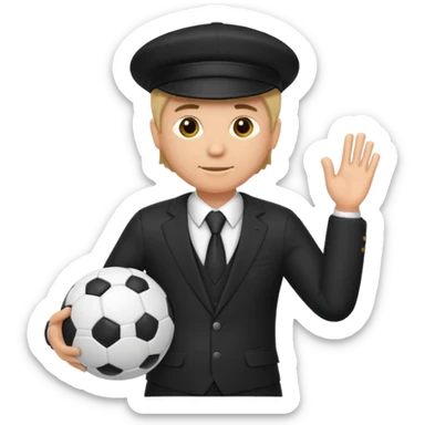 Director tecnico de futbol, con un traje negro, gorra y un balon de futbol bajo el brazo sticker