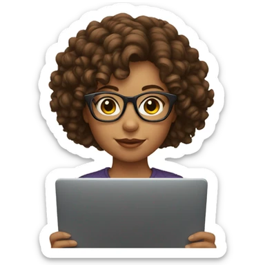 Girl with glasses and brown curly hair holding a laptop  sticker