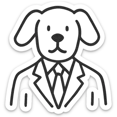 dog in a suit, hand-drawn, sketchy, charming sticker