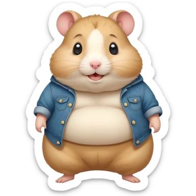 Cute chubby cartoon-style hamster wearing XXL pants that are WAY too big, proud and smiling expression. Painterly shading, white background, sticker-style illustration sticker