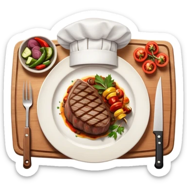 icon featuring a chef’s hat, a cutting board with fresh ingredients, a knife, a beautifully cooked ribeye steak, shashlik skewers, and a plate of food in the making. The design captures the passion of cooking with warm, inviting colors, and realistic textures. Transparent background. sticker