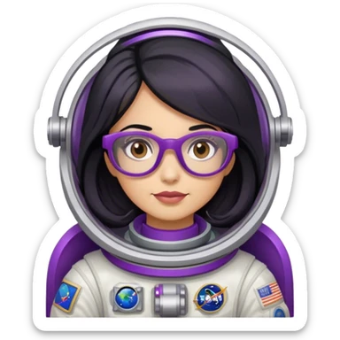 female astronaut with long black hair brown eyes and purple glasses sticker