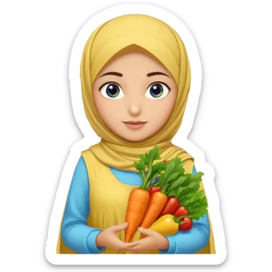 Turkish beautiful finish Konya girl blue eyes with garden design yellow and lila hijabi dress and she had on her hand vegetables  sticker