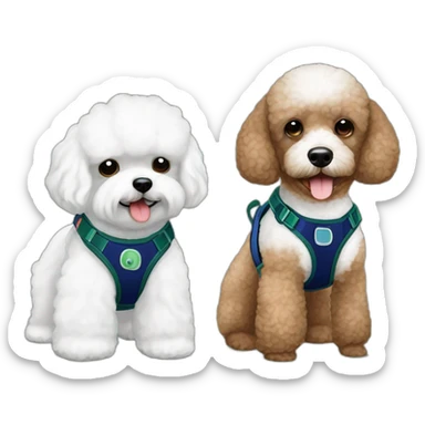Brown toy poodle with teddy bear haircut wearing dark blue harness and all white Maltese wearing dark green harness sticker