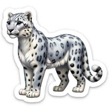 Cinematic-Snow-Leopard-Realistic-Full-Body-Standing-Emoji – Tail curled gracefully, head tilted dramatically, dense spotted fur shimmering in the cold mountain air, powerful yet elegant frame, simplified yet realistic focused features, highly detailed, glowing with an almost sarcastic glow. sticker