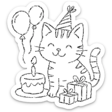 outlined icon of a ginger tabby kitten celebrating birthday, wearing a birthday hat, with birthday cake, balloons, happy expression, and gifts sticker