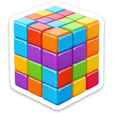 A 3D Tetris-style cube block with a smooth, glossy surface. Bright and vibrant colors, slightly reflective, with soft shadows. The cube should have a modern and playful look, resembling classic Tetris game aesthetics sticker