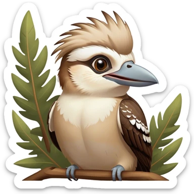 Cinematic Comical Kookaburra Portrait Emoji, Head tilted dramatically with an exaggeratedly amused expression, featuring a strikingly patterned brown and cream plumage with wide, expressive eyes filled with playful disbelief, Simplified yet hilariously expressive features, highly detailed, glowing with a slightly sassy glow, high shine, dramatic yet playful, stylized with an air of cheeky bushland mischief, bright and endearing, soft glowing outline, capturing the essence of a spirited and over‐the‐top kookaburra, so meme‐worthy it feels like it could cackle its way into internet fame instantly! sticker