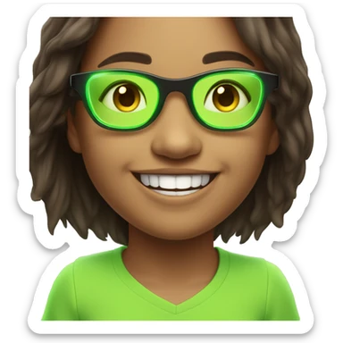 An emoji of a cute, long-haired brunette girl wearing neon green glowing glasses, smiling warmly with a cheerful expression sticker